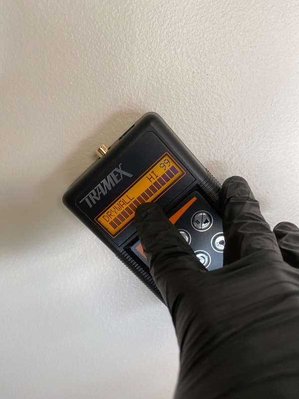 Moisture meter locating moisture at a ceiling leak during a home inspection by Dairyland Home Inspection in racine, Wisconsin.